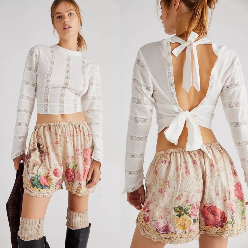 Free People Open Back Tie Lace Blouse in White - Size L